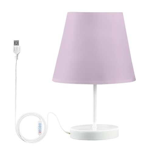 Lámpara de mesita de noche lila con puerto USB, lámpara de mesa de brillo suave para dormitorio, diseño de cubo, lámpara de escritorio moderna para lectura nocturna y relajación