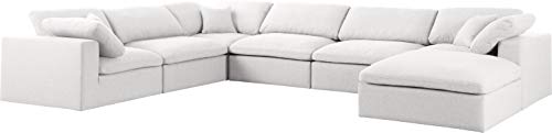 Meridian Furniture Serene Collection Modern | Contemporary Deluxe Cloud-Like Comfort Modular Sectional, Soft Linen Textured Fabric, Down Cushions, 3 Corner + 3 Armless + 1 Ottoman, Cream #TOP1