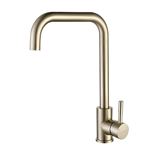 KINSE Robinet de cuisine simple levier en acier inoxydable | Robinet d'évier pivotant à 360° | Robinet de cuisine haute pression | Or