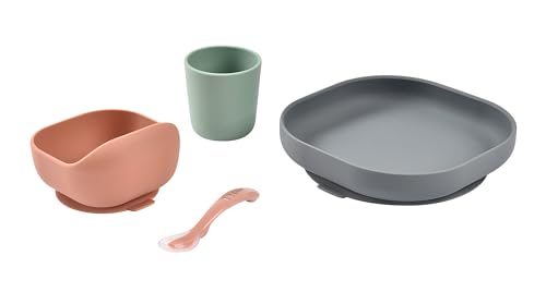 Image of BEABA Silicone 4-Piece Meal Set - Easy to Clean - Dishwasher and Microwave Safe - Soft, Unbreakable, Non-Slip Suction Bottom - Includes Plate, Bowl, Cup and 2nd Stage Silicone Spoon (Mineral)