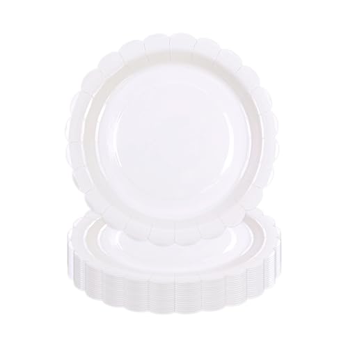 DHAIQC Lot de 50 Assiette Carton Blanc de 18 cm, Festonnées Assiette Jetable Vaisselle Jetable Anniversaire Pour Gâteaux Desserts Anniversaires Baby Showers...
