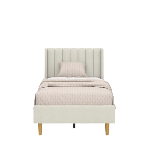Image of Modern Upholstered Single Size Bed Without Storage | Single Size Bed for Bedroom with Headboard | Palang Furniture for Guest Room, Hotels and Home | Cream, (Cream)