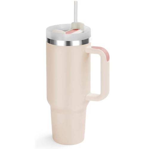 Loncheras Y Termos, Outdoors MOYAC Vaso Térmico 40 oz con Asa, Termo al Vacío de Acero Inoxidable con Pajita, para Mantener Agua, Té, Vino, Café Frío y Caliente (Rosa Claro)