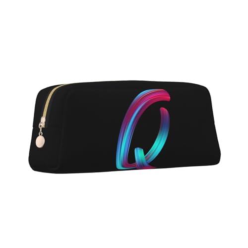 Image of Cute Initial Pencil Case for Kids Simple Leather Pencil Pouch for Boys Girls Letter Design Pencil Box Pen Bag Pencil Pouch Office Stationery Organizer, Rainbow Letter Q