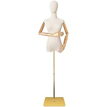 Mannequin Body Female Dress Form Linen Fabric Manikin Torso with Detachable Head Adjustable Height Metal Stand, Two Wooden Hands