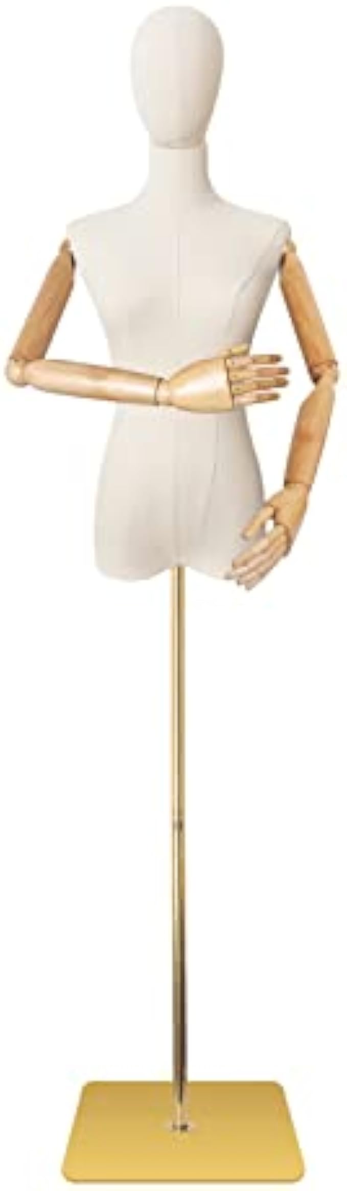 Mannequin Body Female Dress Form Linen Fabric Manikin Torso with Detachable Head Adjustable Height Metal Stand, Two Wooden Hands