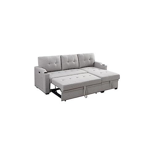 Lilola Home Mabel Light Gray Linen Fabric Sleeper Sectional With Cupholder, Usb Charging Port And Pocket #TOP2