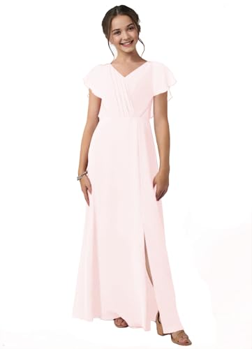 Flutter Sleeves Chiffon Junior Bridesmaid Dresses A-line Wedding Party Flower Girl Dresses with Slit