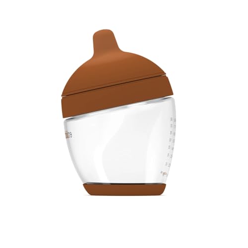 Image of Emulait Glass Classic Baby Bottle for Newborns and Infants, Natural Breast-Like Shape 4, Color Deep, Anti-Colic Venting, Soft Silicone Nipple, Easy-Latch, Glass Nursing Bottle for Feeding, 8oz