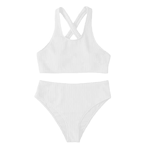 Genérico Bikini Tallas Grandes Mujer Biquini Dividido de Cintura Alta con Espalda Abierta y Cuello en U a Rayas pequeñas Europeas Sexy para Mujer BañAdor Embarazada Trages De (White, L)