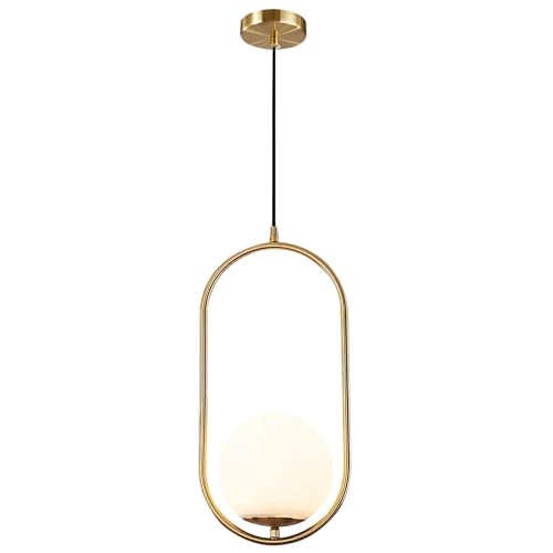 KCO Lighting Suspension Luminaire Rétro Réglable Dorée Avec Boule en Verre Blanc de 15cm pour Restaurant, Salon, Chambre à Coucher, Cuisine, Bar, Couloir