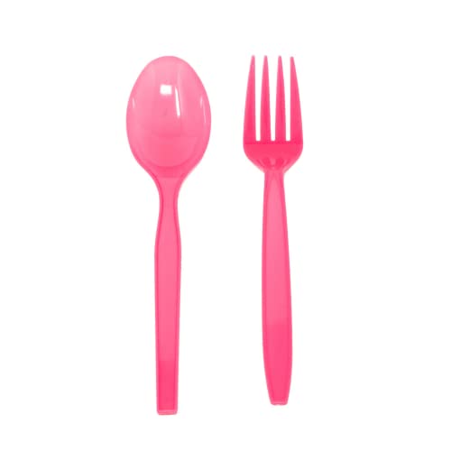 Hot Pink Spoon And Fork Set (24 Each) - Hot Pink Tableware For Parties, Lightweight Plasticware, Colored Cutleries, Plastic Utensils Set, Disposable Cutlery For Occasion, Party Supplies, Blue Orchards #TOP12