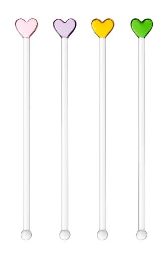 Image of Set of 4 Reusable Glass Stirrer, Colorful Cute with Gift Packaging for Smoothies, Milkshakes, Juices, Teas, Perfect for Parties & Gifts | 7 inch Height 4 PCs (Heart Stirrers)