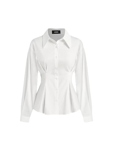 CIDER Long Sleeve Shirts Women Polo Neck Striped Button Down Waist Cinching Cotton Woven Shirt