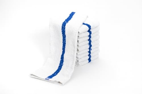 Cotton Blend Bar Mop Towels - Pack of 24 White Kitchen Mop Towels with Blue Stripe, Absorbent and Durable for Restaurants, Bars, and Commercial Use - Machine Washable (24)
