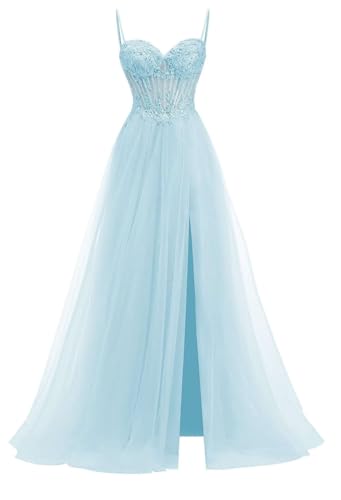 HPPEE Robe de bal en tulle à bretelles spaghetti avec fente pour femme, sans manches, robe de bal trapèze, robe de soirée formelle, bleu ciel, 34