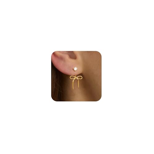 14k Gold Plated Earrings for Women Trendy Bow Earrings for Women Simple Pearl Dangle Earrings Drop Hoop Earrings Studs Jewelry for Women Gifts