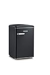 SEVERIN Mini Frigorifero Retrò Nero, 108 Litri, Congelatore 13L, Silenzioso (37 dB), Classe D, Luce LED, Cassetto Veggibox, Maniglie Cromate, Portabottiglie, 55,0 x 61,5 x 89,5 cm - RKS 8832