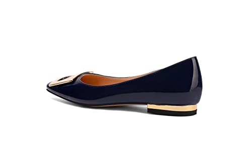 Fericzot Women's Square Toe Gold Metal Buckle Patent Slip On Flat Pumps Shoes3