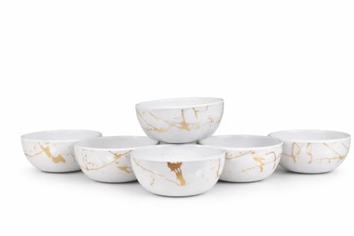 Image of Ariya 4.5 Inch Melamine Soup Bowls Set of 6 (350 ml) | White /Gold | Serving Bowls for Soup, Salad, Noodles, Pasta, Oatmeal | Durable & Stylish Dinnerware for Daily & Special Use