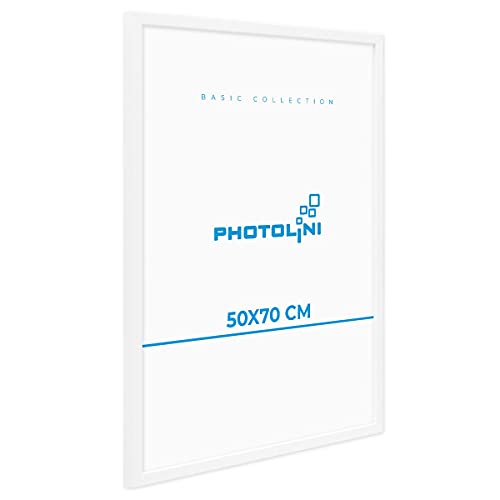 PHOTOLINI Bilderrahmen 50x70 cm Weiß MDF-Holz Posterrahmen, bruchsicheres Acrylglas, zum Aufhängen, extra Zubehör - für Fotos, Bilder & Poster