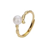 Niaspi Retro Imitation Pearl Ring for Women Vintage Boho Adjustable Knuckle Finger Ring Wedding Birthday Party Faux Pearl Wrap Open Bamboo Band Rings Jewelry Gift (Gold)