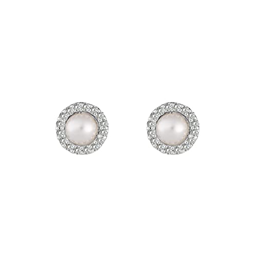Silver Plated Brass CZ Halo Simulated Pearl Stud Earrings2
