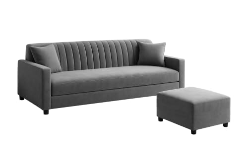 Image of Modern 3-Seater Wooden Sofa Set with Ottoman, Soft Velvet Upholstery, Comfortable Couch for Living Room, Office & Apartment - Grey Color