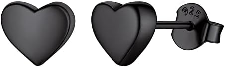 ChicSilver 7MM Small Black Stud Earrings Sterling Silver Heart Earrings for Women Hypoallergenic Simple Tiny Ear Studs