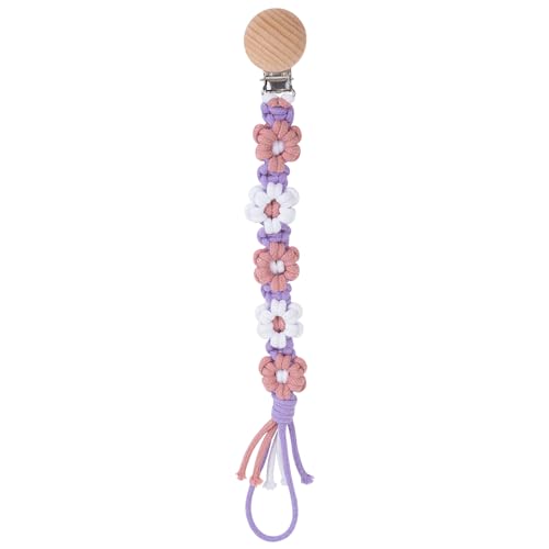 Image of Pacifier Clip for Boys Girls Floral Daisy Macrame Baby Paci Clip Pacifier Holder Leash Boho Wooden Clips Handmade Braided Cotton Binky Clips (1pack:Lavender Style)