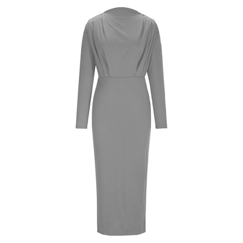 HGps8w Business Pencil Dresses for Women Ruched Mock Neck Long Sleeve Bodycon Vintage Wear to Work Midi Dress