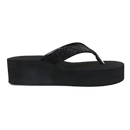 Doctor Walk Women's Platform Flip Flops with Glitter Straps, Black, Wedge Thong Sandals Slipper
