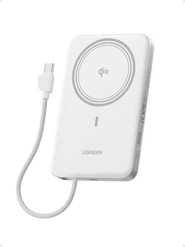 Image of UGREEN Magflow Air Qi2 Magnetic Power Bank 10000mAh, 15W Wireless Portable Charger with Built-in USB-C Cable, 30W Fast Charging Battery Pack, MagSafe Compatible for iPhone 17 /16 /15 /14 Pro Max, White