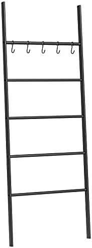 HOOBRO Towel Rack, Blanket Ladder, 5-Tier Ladder Shelf, Decorative Wall Leaning Ladder Rack, 22.8" Wide Holder, 5 Hooks, Blanket Holder, Display Rack for Bathroom, Black BK62CJ01G1