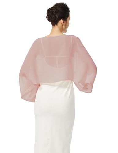 BEAUZSUZSANA Women Chiffon Bolero Cape Capelets with Arm Holes Shawls and Wraps for Evening Dress Bridal Wedding Party (Blush Pink,S-M) - image 3