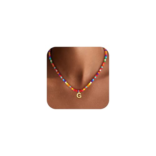 Treasure Bender Initial Necklaces for Women - Colorful Beaded Initial G Necklace Handmade Boho Choker Necklace for Women Trendy Jewelry Gifts