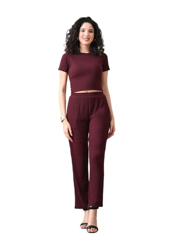 Unifringe Maroon Ribbed Co-ord Set | Round Neck Crop Top with High waist Pant (Maroon,L)