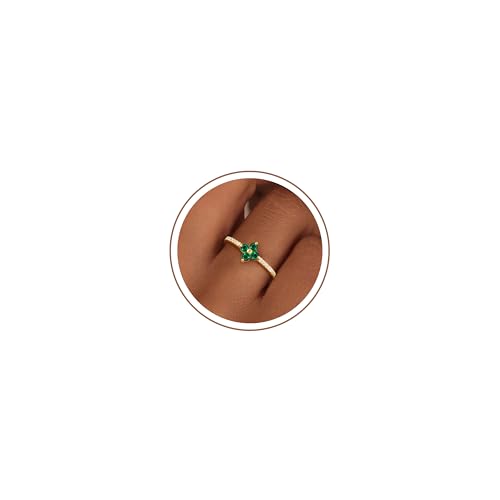 KOHOTA Birthstone Gold Rings for Women Non Tarnish 14K Gold Plated Stackable Rings Dainty Clover Flower CZ Gemstone Green Emerald Ring Engagement Wedding Band Jewelry Birthday Gifts Size 5-10