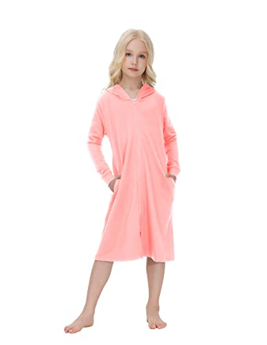 Veseacky Kids Cotton-Poly Blend Bath Robe Soft Lightweight Long Pink Beach Cover Up With Pockets Size 12-13 #TOP2