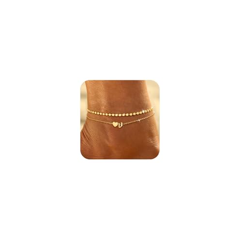 Image of Honsny Initial Ankle Bracelets for Women Waterproof 14K Gold Plated Layered Anklets for Women Non Tarnish Dainty Heart Letter A-Z Ankle Bracelets Handmade Adjustable Summer Beach Gold Anklet Jewelry