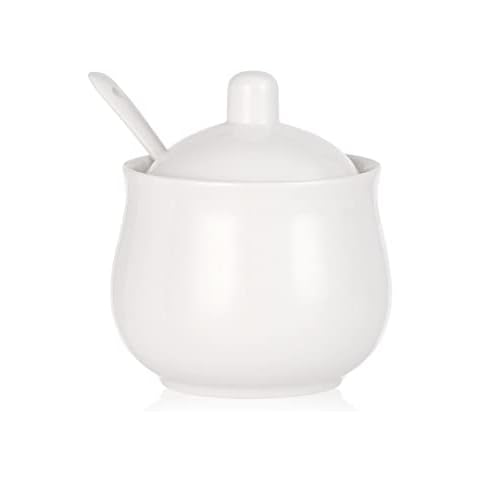 CHILDIKE Pocelain Sugar Bowl with Lid and Spoon, White Ceramic Sugar Jar 200 ml Cover