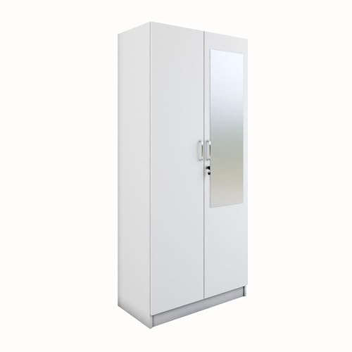 Image of VIKI Wardrobe | Shirakawa Wardrobe | Wooden Almirah for 2 Door Wardrobe with 4 Shelves with Mirror (Frosty White - 40D x 80W x 180.8H) | 1 Year Warranty | Free Assembly