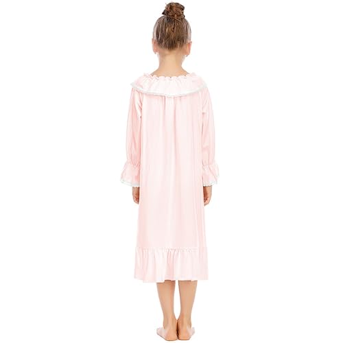 Girls Ruffle 𝗡ightgowns Long Sleeve Kids Cute Lace 𝐏ajamas Dress Plain Loose Cotton Soft 𝐒leepwear Crewneck4