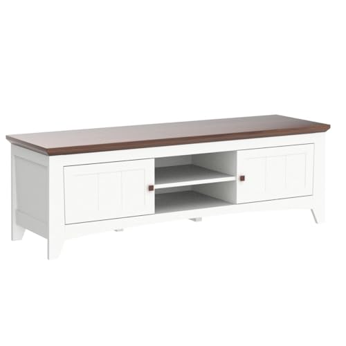 Image of DecorNation Eden Wooden TV Unit Table - Two Compartments with Door, Walnut Finish Tabletop for Living Room, Bedroom, Office Furniture Stand (60 inch x 16 inch x 18 inch, White)