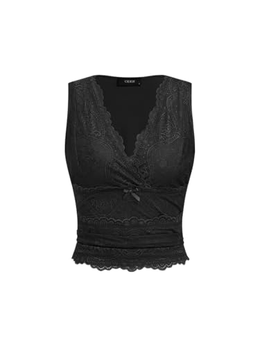 Image of CIDER Lace Crop Tank Tops for Women Going Out V Neck Sleeveless Ruched Tops Trendy Y2K Summer Outfits