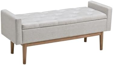 Signature Design by Ashley Briarson Tufted Upholstered Accent Bench with Storage, Hinged Seat, Raised Edges, Wood, Fabric Upholstery, Wood Legs" Light Brown Finish, Beige
