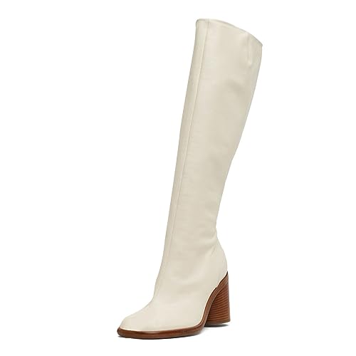 miss left Women's Knee High Tall Boots Closed Square Toe Side Zipper Cork Block High Heels Fall Winter Dress Outdoor Riding Booties Shoes Size 4-16 US