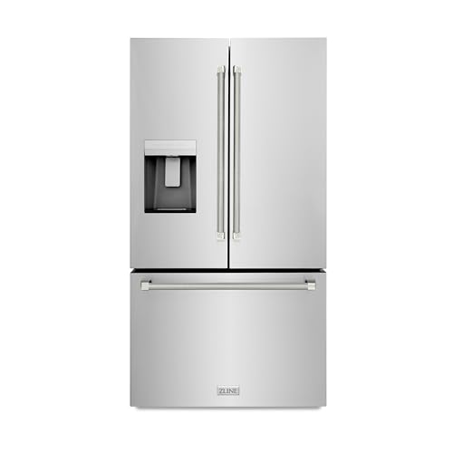 Image of ZLINE Autograph 36 in. 28.9 cu. ft. Standard-Depth French Door External Water Dispenser Refrigerator with Dual Ice Maker in Fingerprint-Resistant Stainless Steel and Polished Nickel Helix Handles