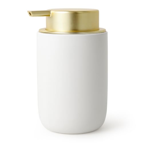 Image of BosilunLife Lotion Pump Dispenser for Bathroom, Kitchen, Countertop | Hand Soap Dispenser Bathroom Ceramic Dish Liquid Soap Dispenser (White with Gold, Liquid Pump)
