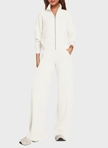 SENSERISE Sweatsuits Women 2 Piece Outfit Zip Up Striped Cropped Sweatshirt Wide Leg Sweatpants Casual Fall Outfits2